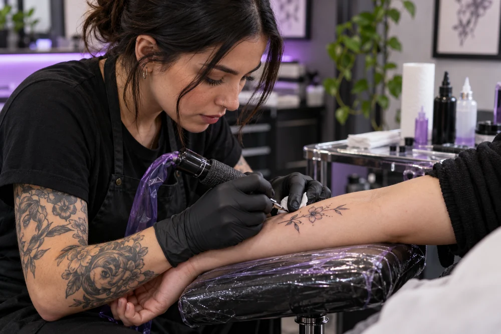 Tatuadora realizando un tatuaje
